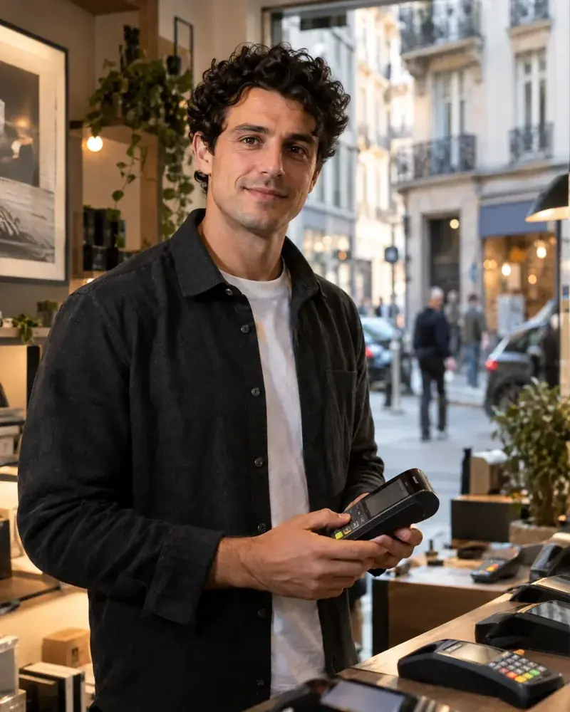 Un jeune entrepreneur vendeur de terminaux de paiement dans sa boutique